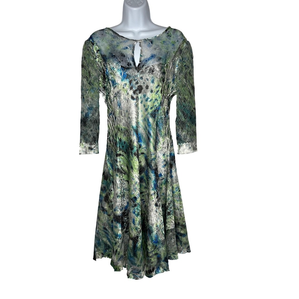Komarov Dress Womens Large Blue Green Pleated Fit & Flare Keyhole Midi Formal